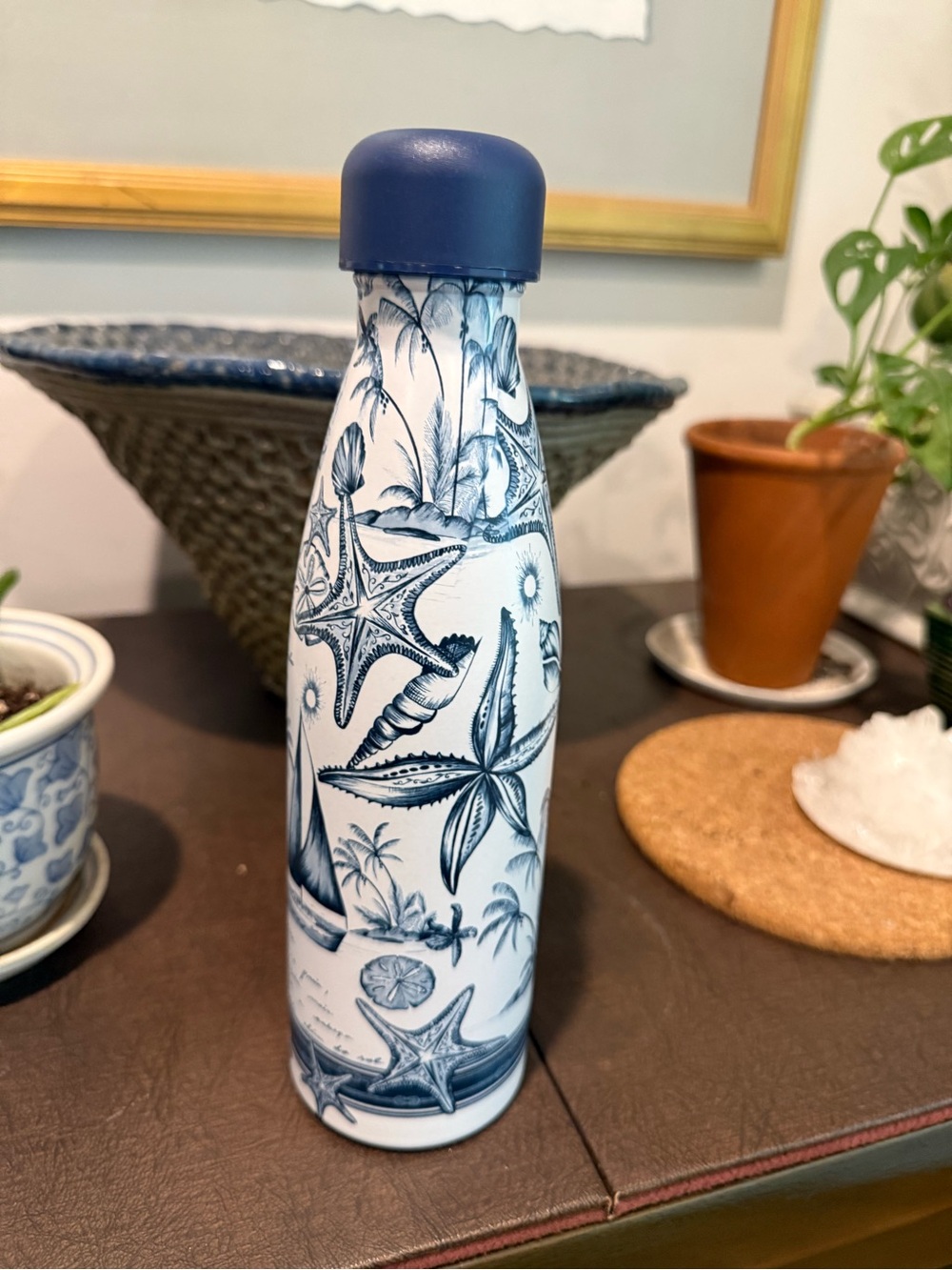 Farm Rio Thirst for Joy 500ml insulated blue and white water bottle from Anthro